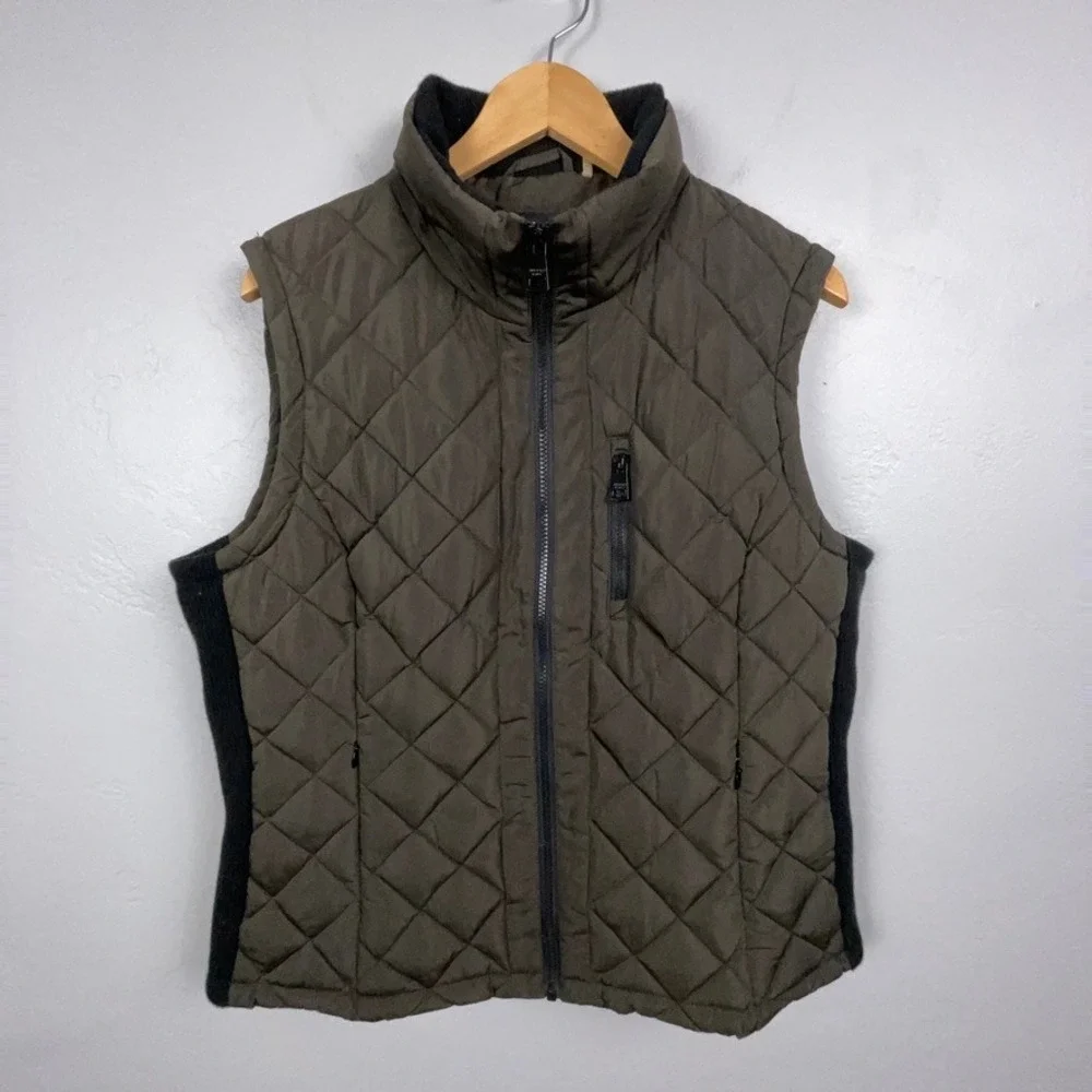 Andrew Marc Quilted Vest Women XL Olive Full Zip Ribbed Trim Puffer Outdoor Hike